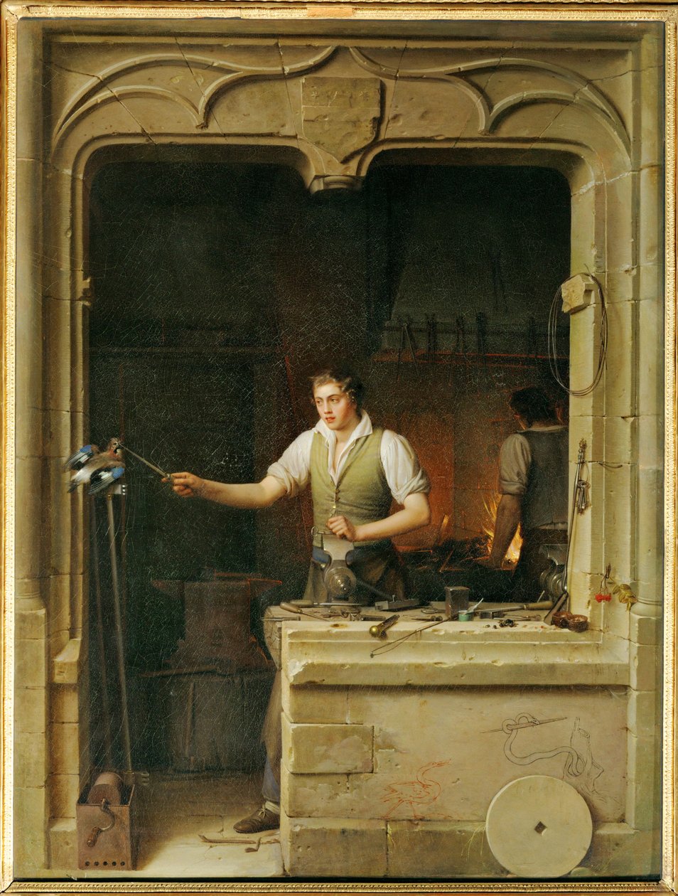 Un serrurier cherche a faire mordre sa lime a un geai- En låsesmed forsøger at få en skovskade til at bide i sin skralde ... af Jean Antoine Laurent