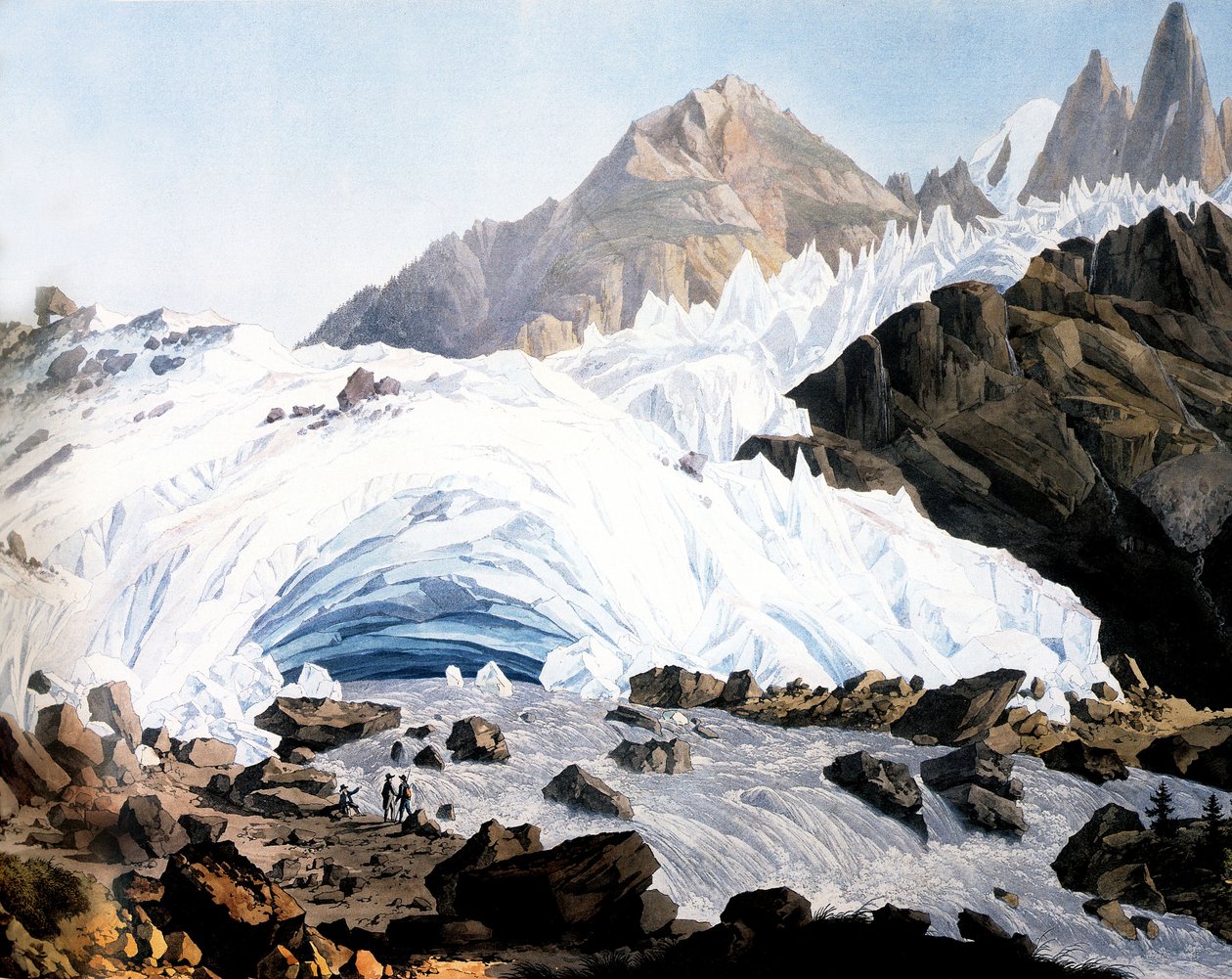 Chamonix: Arveyrons kilde, ca. 1800 (kobberstik) af Jean Antoine Linck