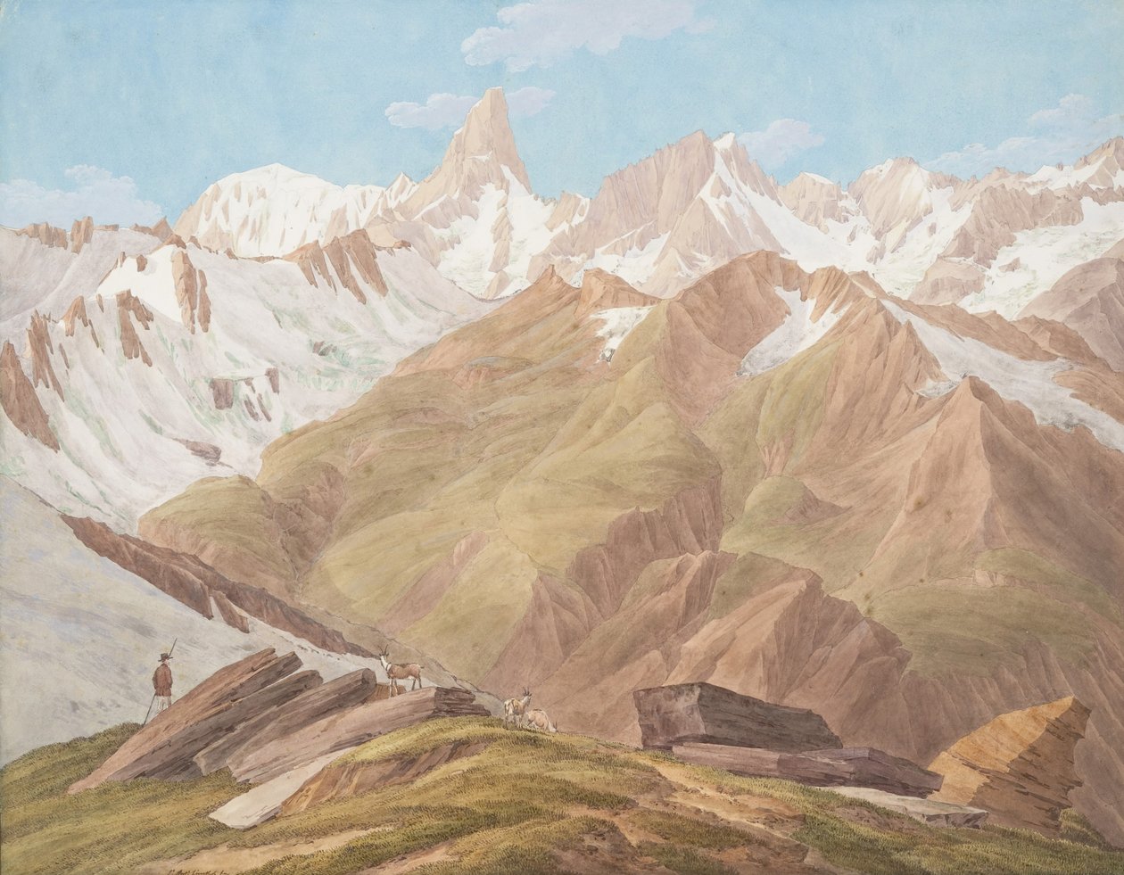 Udsigt over Mont Blanc-massivet nær Petit Jorasse, Grand Jorasse, le..., slutningen af det 18.-19. århundrede af Jean Antoine Linck