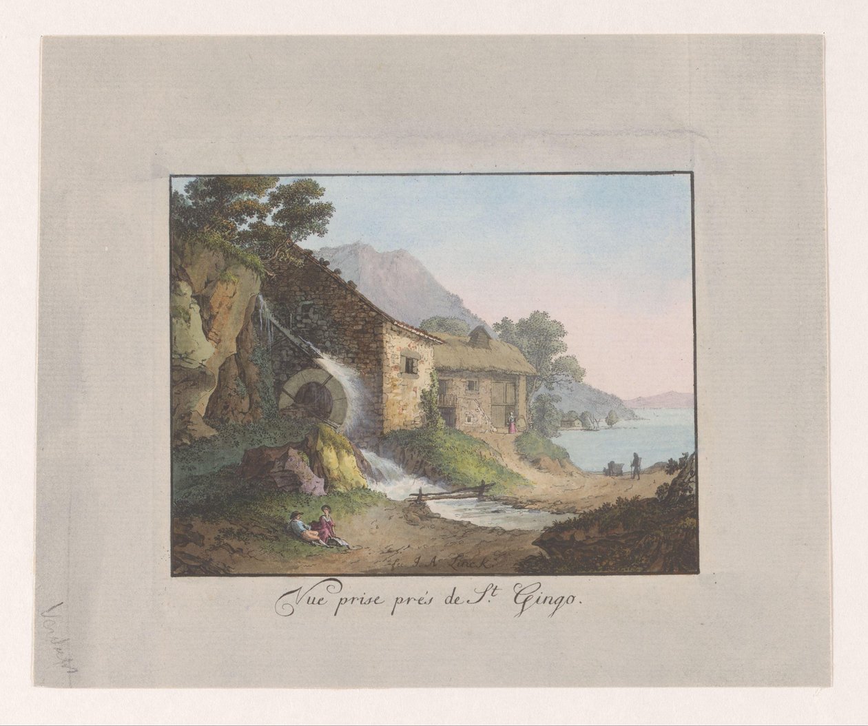Vandmølle på kanten af ​​Genevesøen Vue-præmie prés de St Gingo (titel på objekt) af Jean Antoine Linck