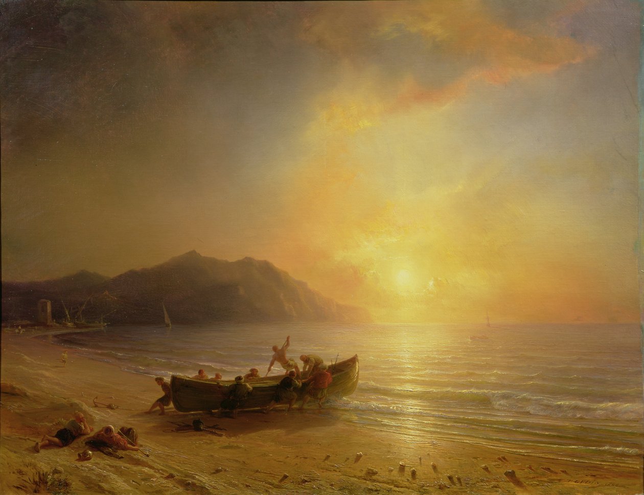 Et kystlandskab med arabiske fiskere, der søsætter en båd ved solnedgang af Jean Antoine Theodore Gudin