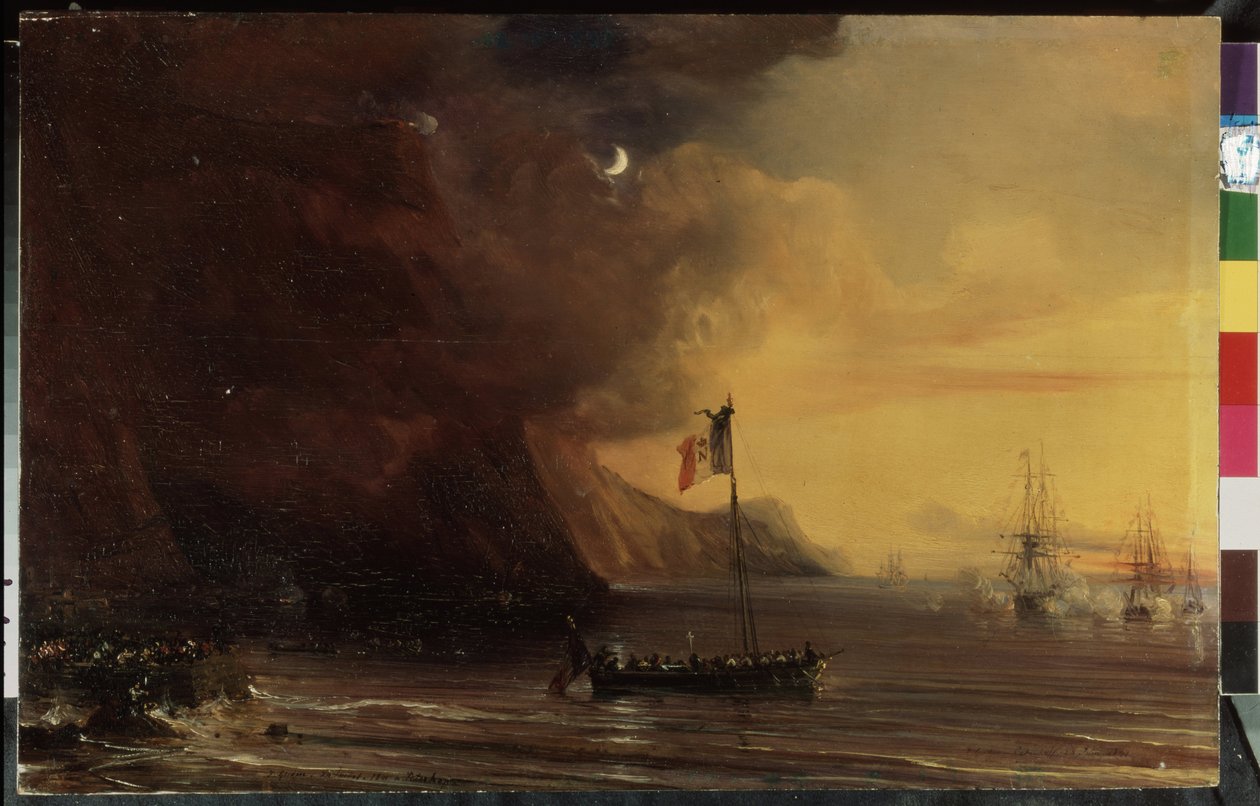 ""Repatrieringen af ​​liget af Napoleon I til Frankrig fra øen Sainte-Helene (Sainte Helene) i december 1840 ombord på La Belle Poule"" (Transport med Napoleons lig på vej fra Saint Helena-øen tilbage til Frankrig i 1840) Maleri af Theod af Jean Antoine Theodore Gudin