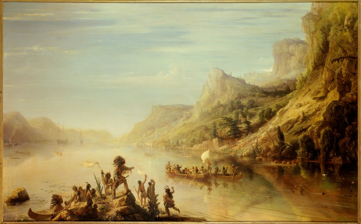 den franske opdagelsesrejsende Jacques Cartier (1491- 1557) opdagede og besteg St. Lawrence-floden i Canada i 1535. Maleri af Jean Antoine Theodore Gudin (1802-1880) af Jean Antoine Theodore Gudin
