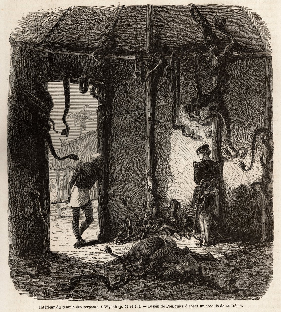 Inde i templet af feticheslanger, i Wydah, i Dahomey (nuværende Benin), tegning af Jean Antoine Foulquier (1822-1896), for at illustrere Dr. Repins rejse til Dahomey i 1860. Indgravering i "" Le tour du monde" ”, redigeret af Edouard Charton af Jean Antoine Valentin Foulquier