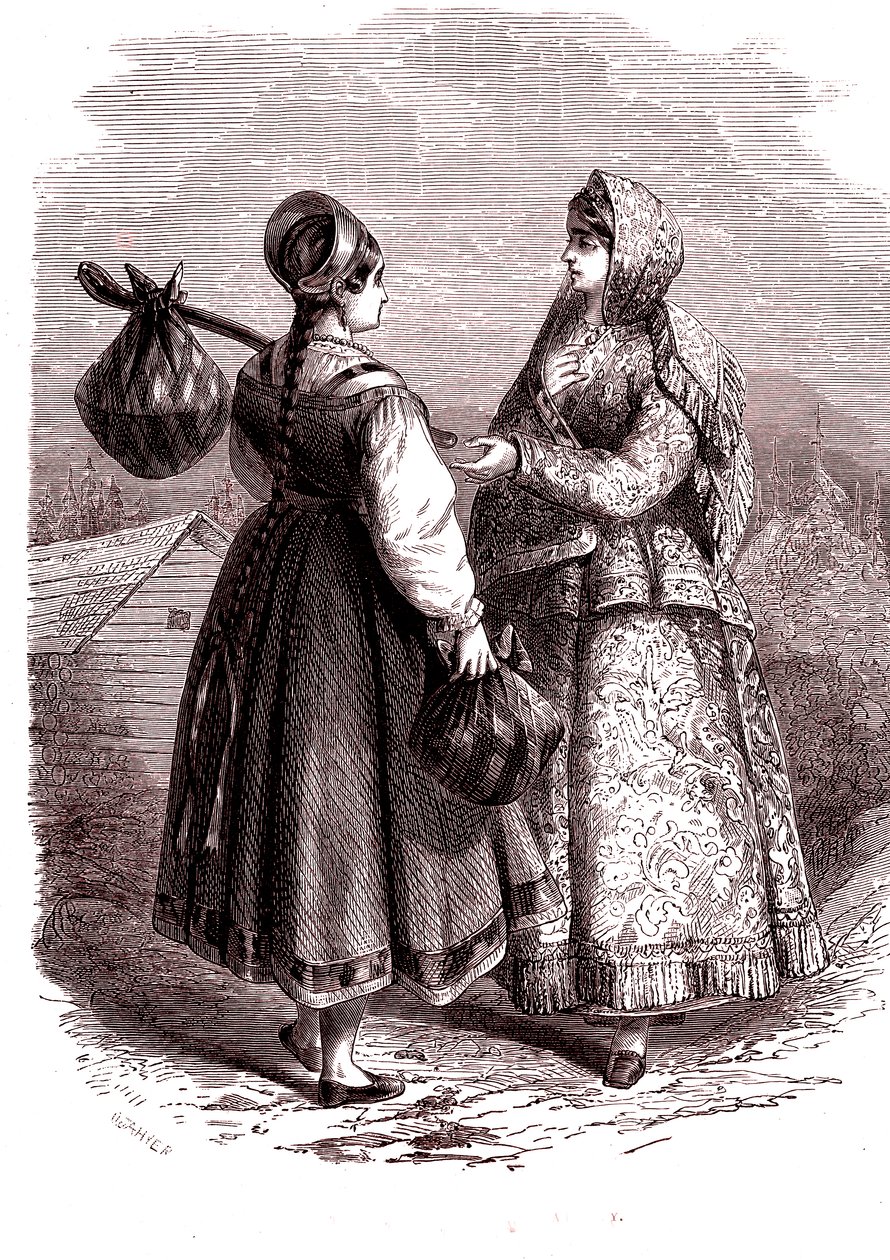 Rusland. Kvinder fra Valdaiy-bjergene. 1865 (gravering) af Jean Antoine Valentin Foulquier