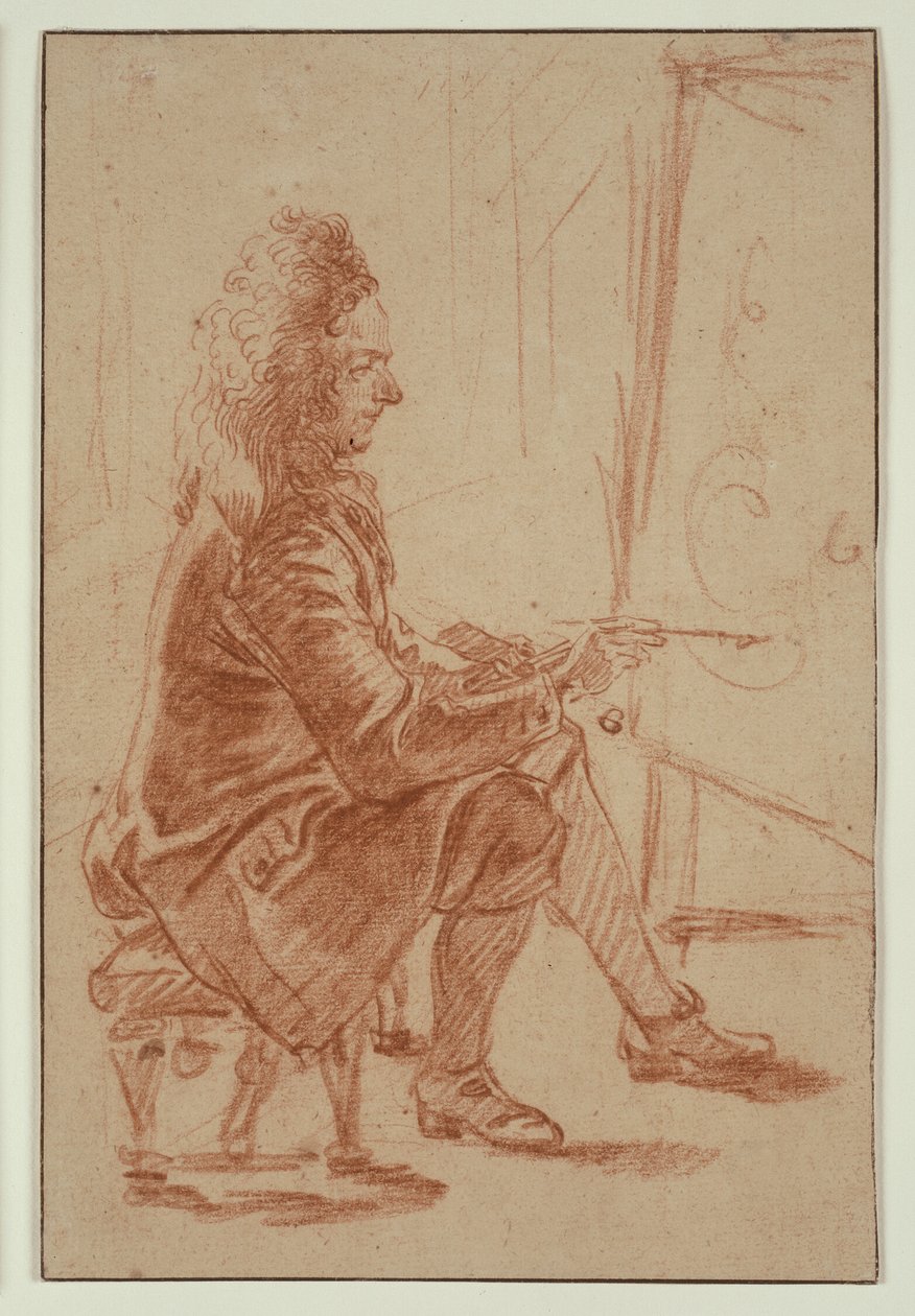 En malersvend (muligvis Claude Audran), siddende ved sit staffeli, set i profil af Jean Antoine Watteau