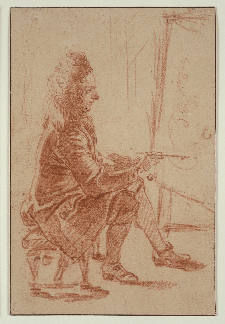A Bewigged Painter (Possibly Claude Audran), ca. 1709 (rødkridt på bufferet papir, lagt på cremefarvet kort) af Jean Antoine Watteau