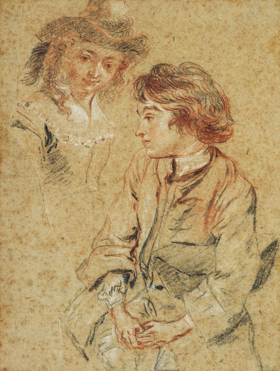 En siddende ung mand, trekvart lang, der holder sin hat, ca. 1717 af Jean Antoine Watteau