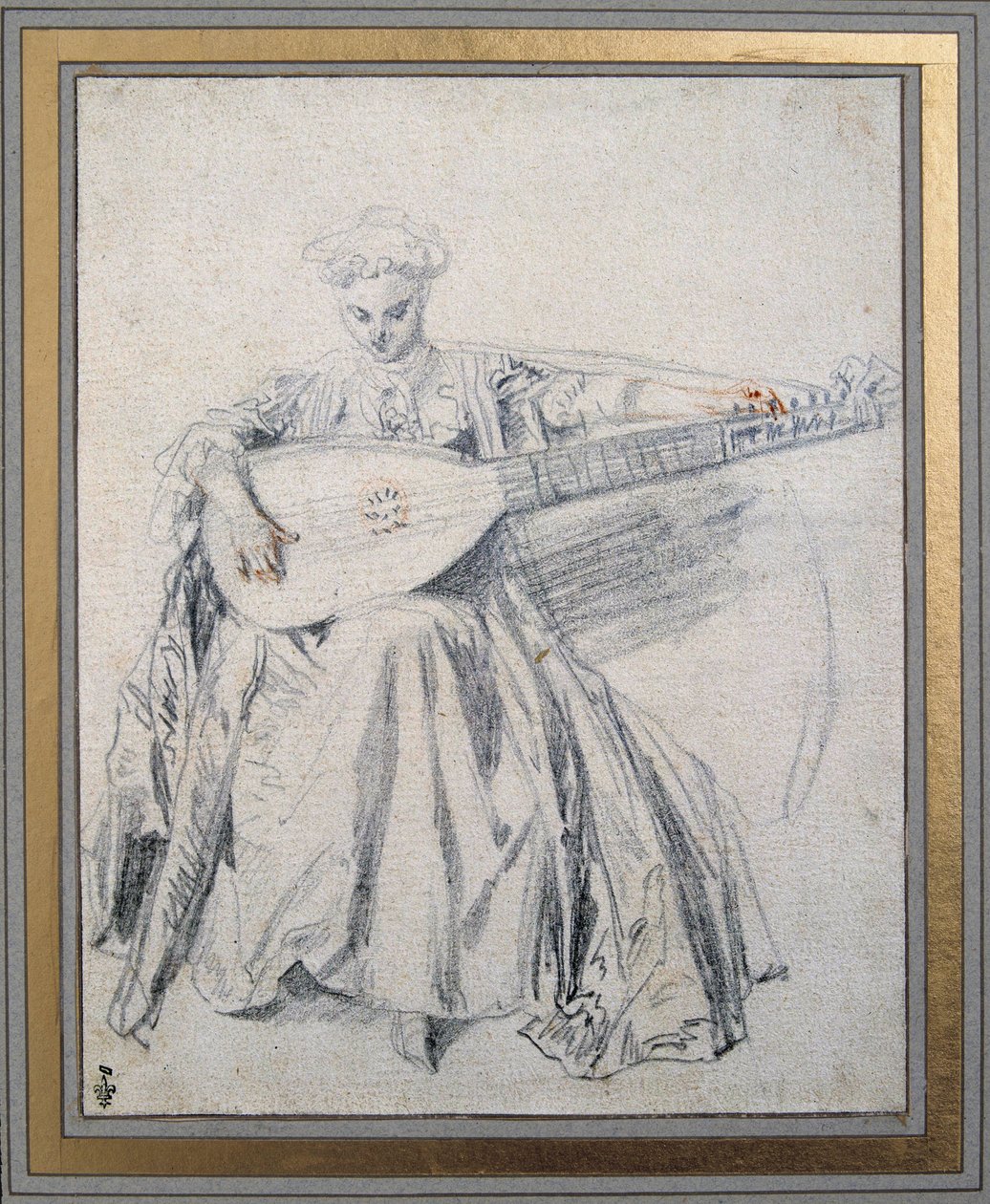 En lutspiller tegner en blymine og blod af Jean Antoine Watteau (1684-1721) Chantilly-museet Conde fra det 18. århundrede af Jean Antoine Watteau