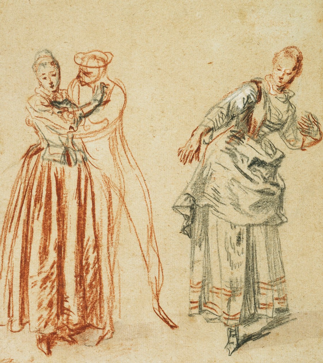 En scene fra commedia dell"arte: En pige, der modsætter sig en komikers fremskridt, og en skuespillerinde, der udfører et skridt, ca. 1718 af Jean Antoine Watteau