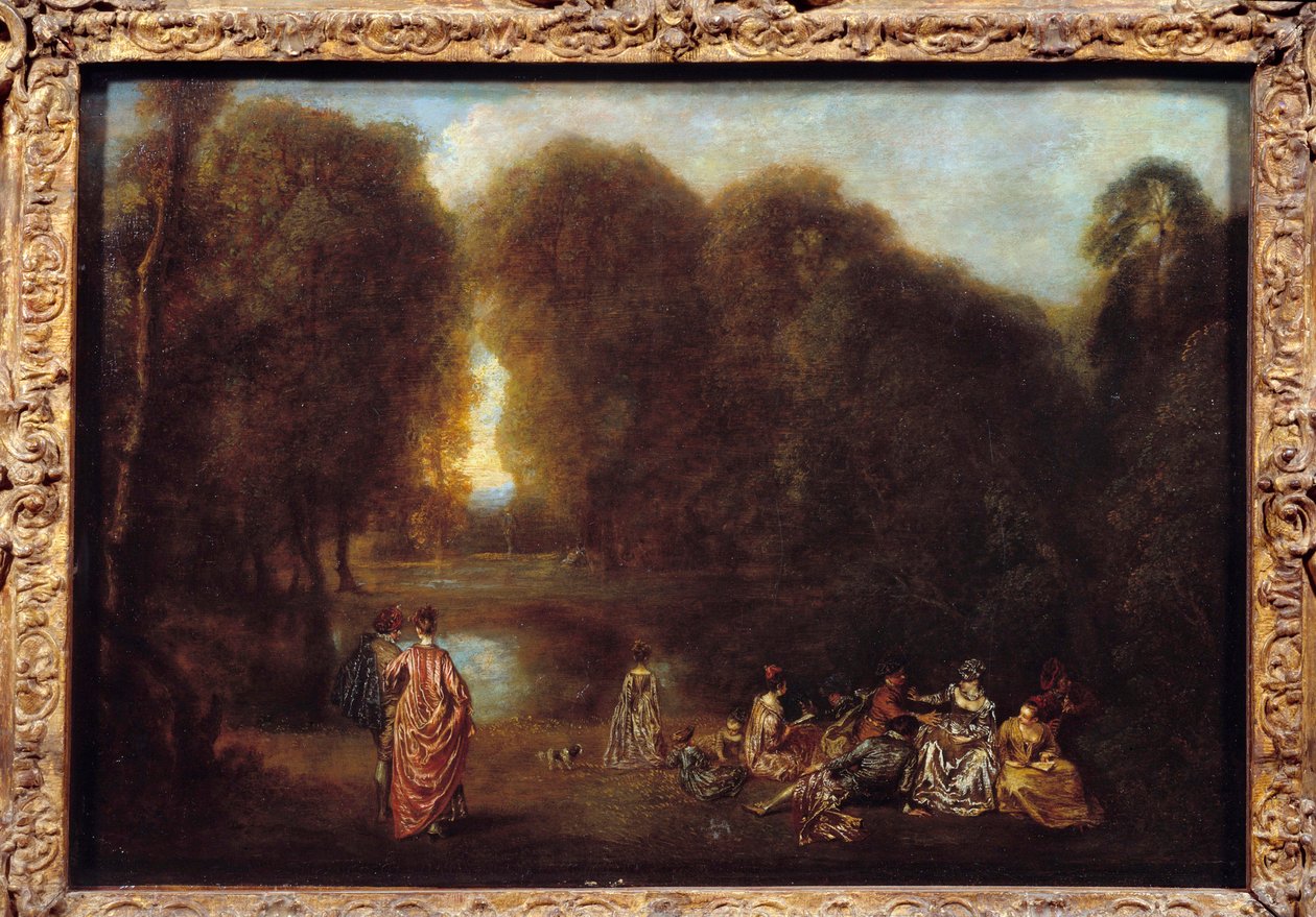 Samlet i en park Maleri af Jean Antoine Watteau (1684-1721) af Jean Antoine Watteau
