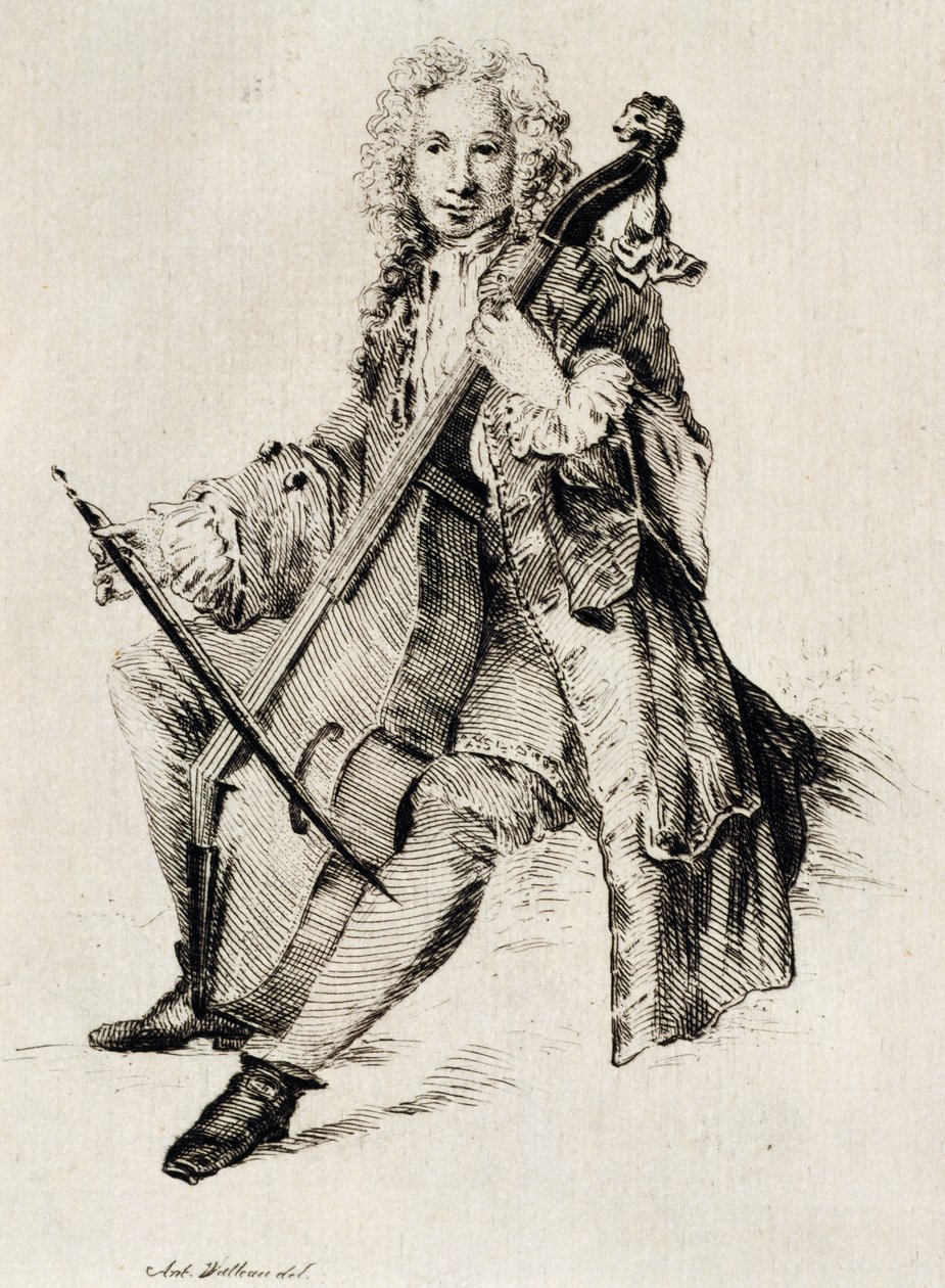 Cellospiller, af Jean Antoine Watteau (1684-1721), gravering, Frankrig af Jean Antoine Watteau