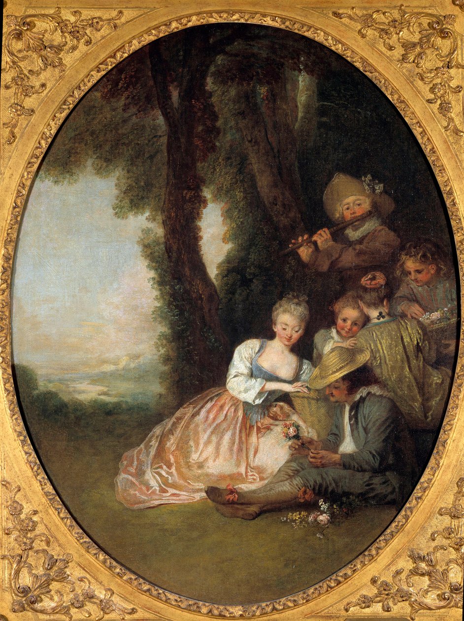 Champetre-koncert eller "" Den forventede erklæring"". Ungt forelsket par rødmer. Rokoko-maleri af Jean Antoine Watteau (1684-1721) af Jean Antoine Watteau