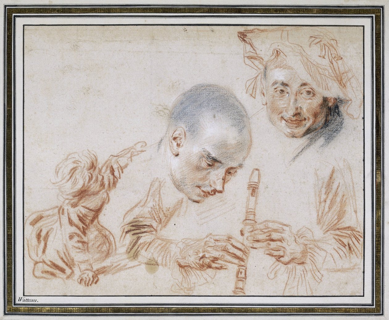 Krøjende barn, to mandlige hoveder, en iført en baret, arme og hænder på en blokfløjte af Jean Antoine Watteau