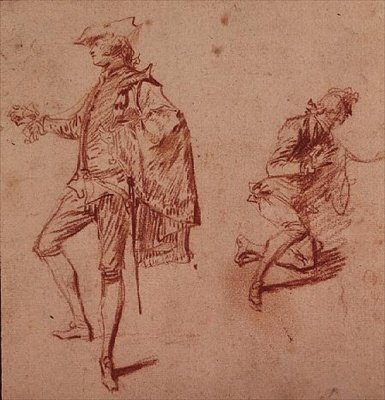 Tegning af en ung mand stående og en anden knælende (farveblyant) af Jean Antoine Watteau