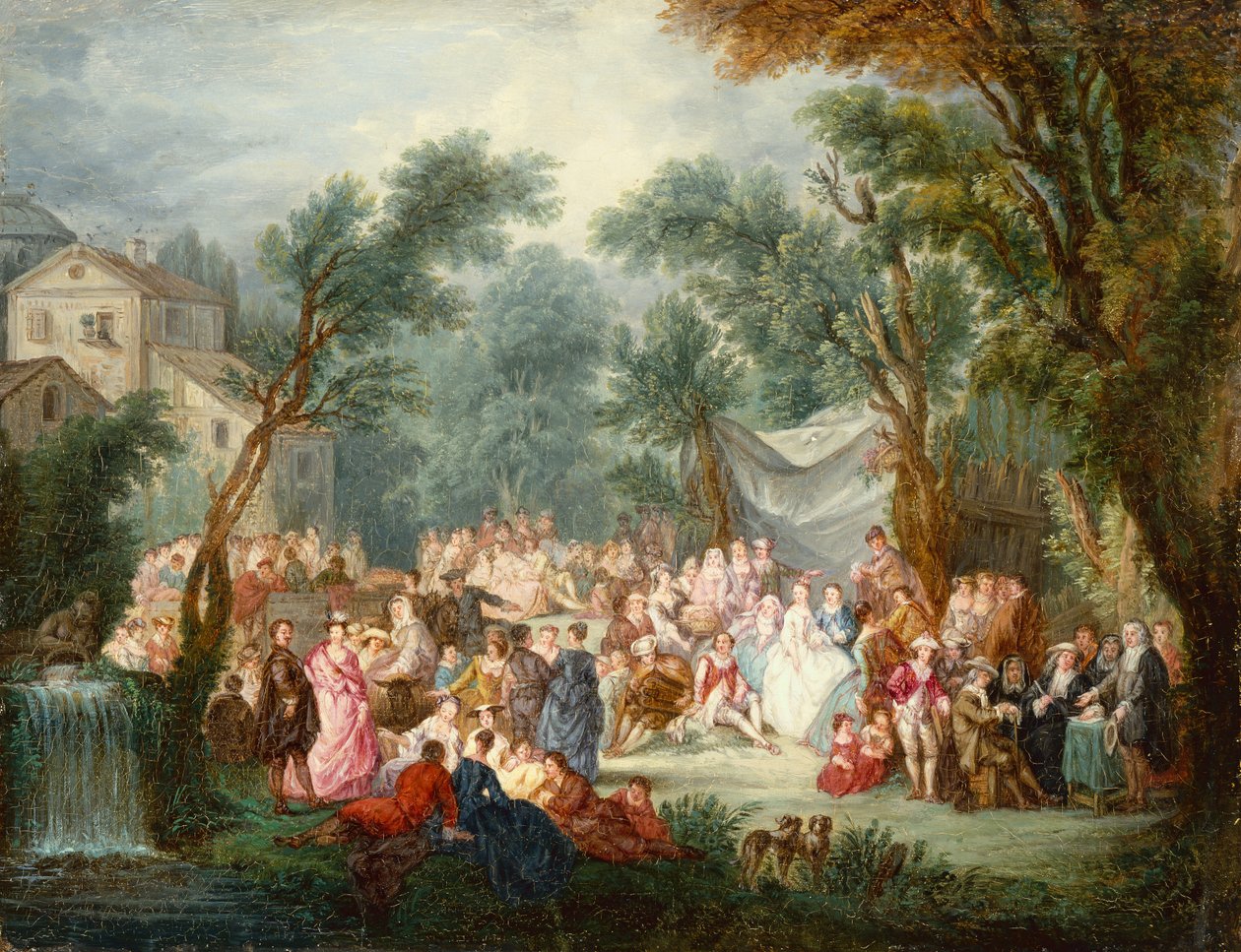 Elegant selskab, udenfor med ankomsten af brudeparret (olie) af Jean Antoine Watteau