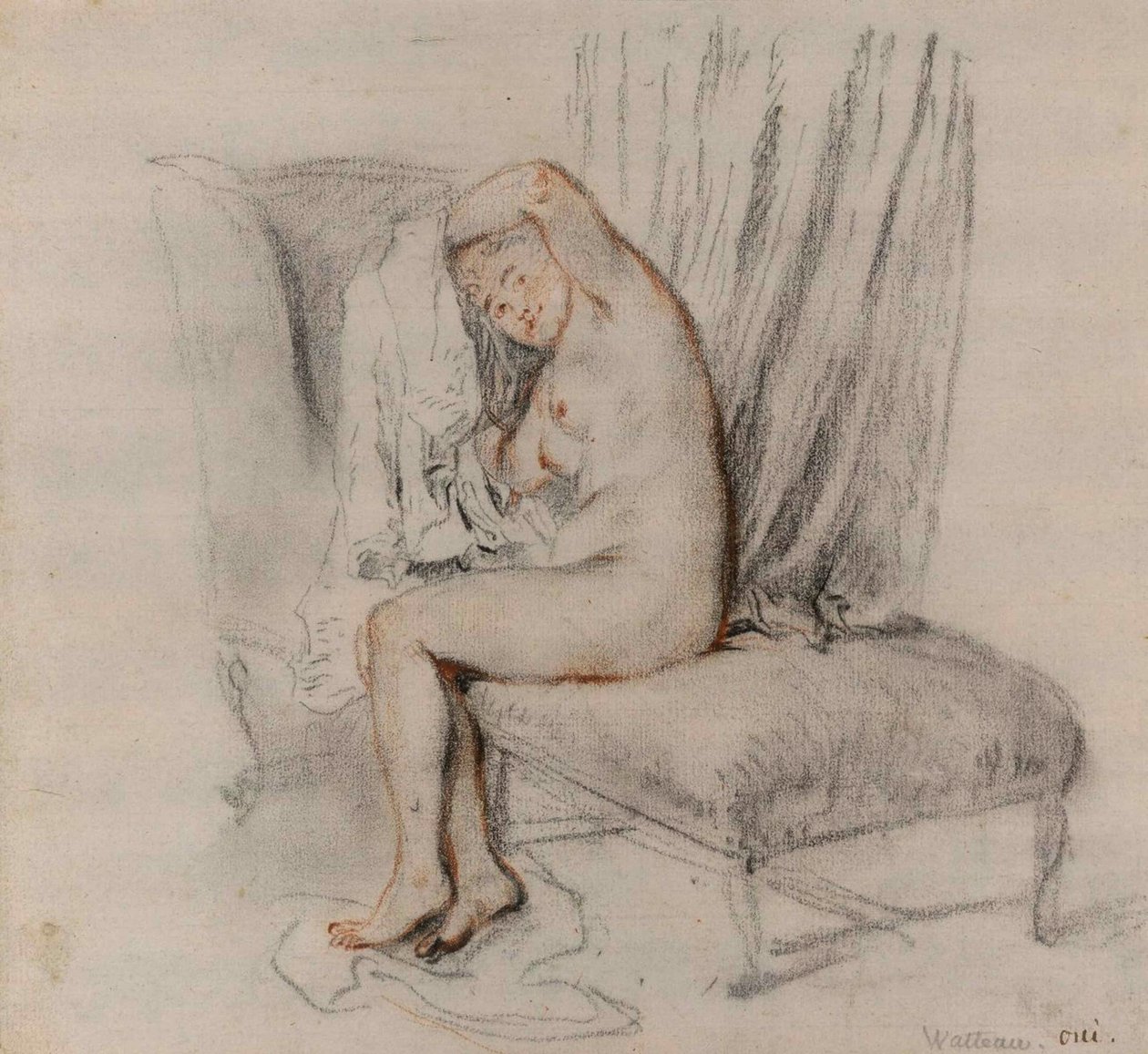 Nøgen kvinde fjerner sin kemi, ca 1717. af Jean Antoine Watteau