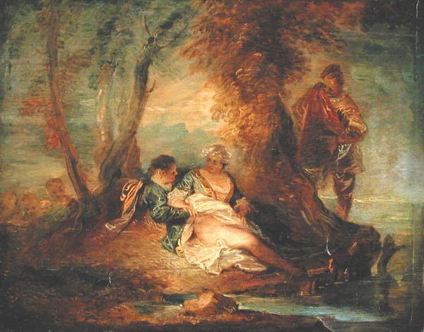 Figurer i Landskab, ca. 1700 (olie på panel) af Jean Antoine Watteau