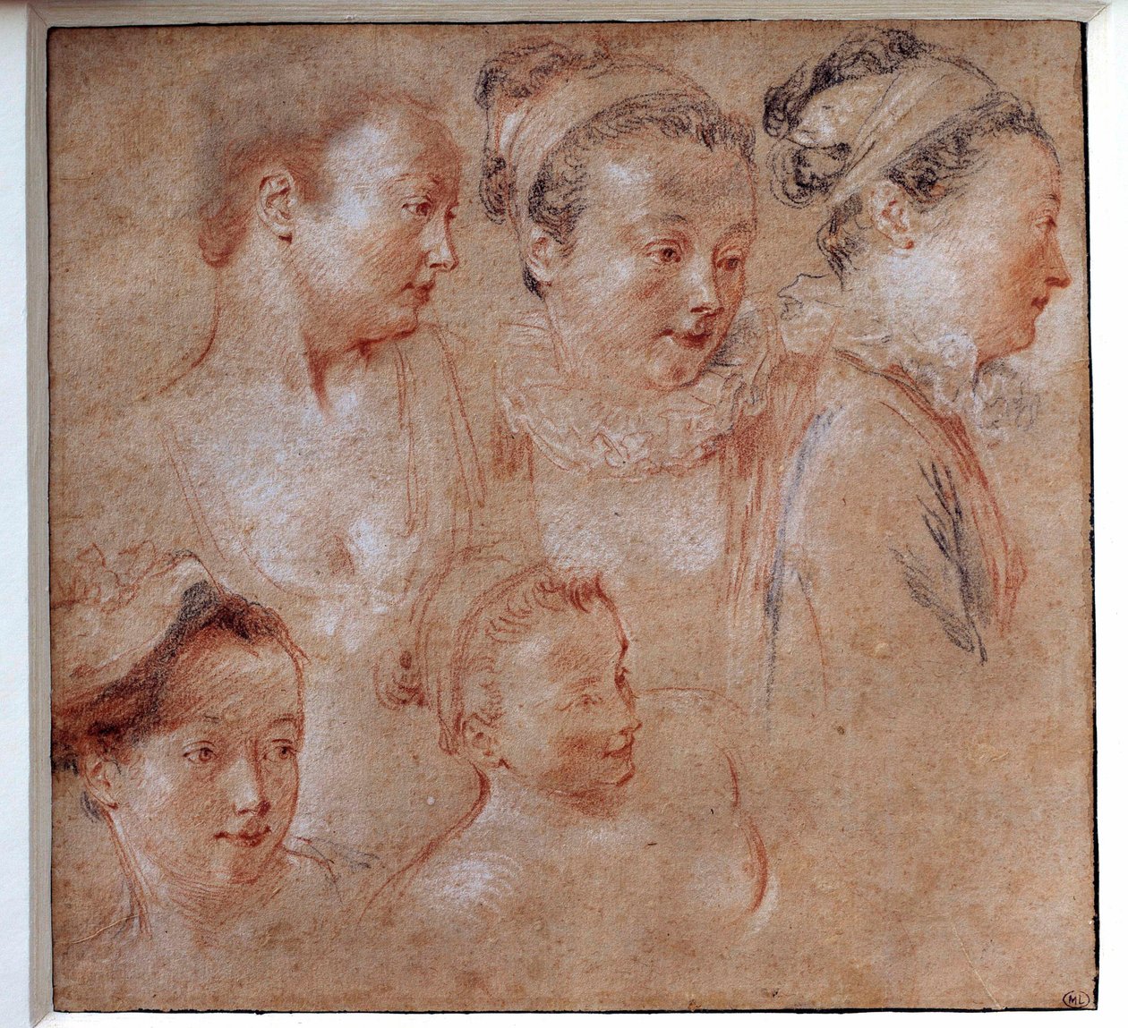 Fem frisurer af kvinder Tegning af Jean Antoine Watteau (1684-1721) 1713 Paris, Musee du Louvre af Jean Antoine Watteau