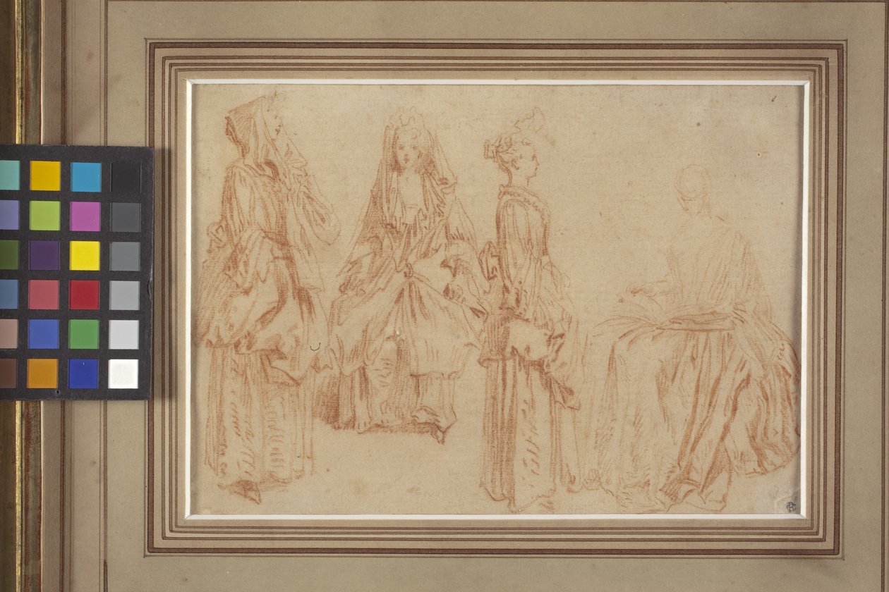 Fire damer (rødt kridt (sanguine) på papir) af Jean Antoine Watteau