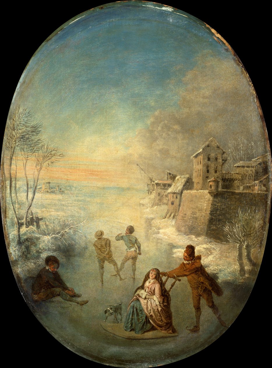 Gentlefolk on the Ice ved en befæstet by om vinteren (olie) af Jean Antoine Watteau