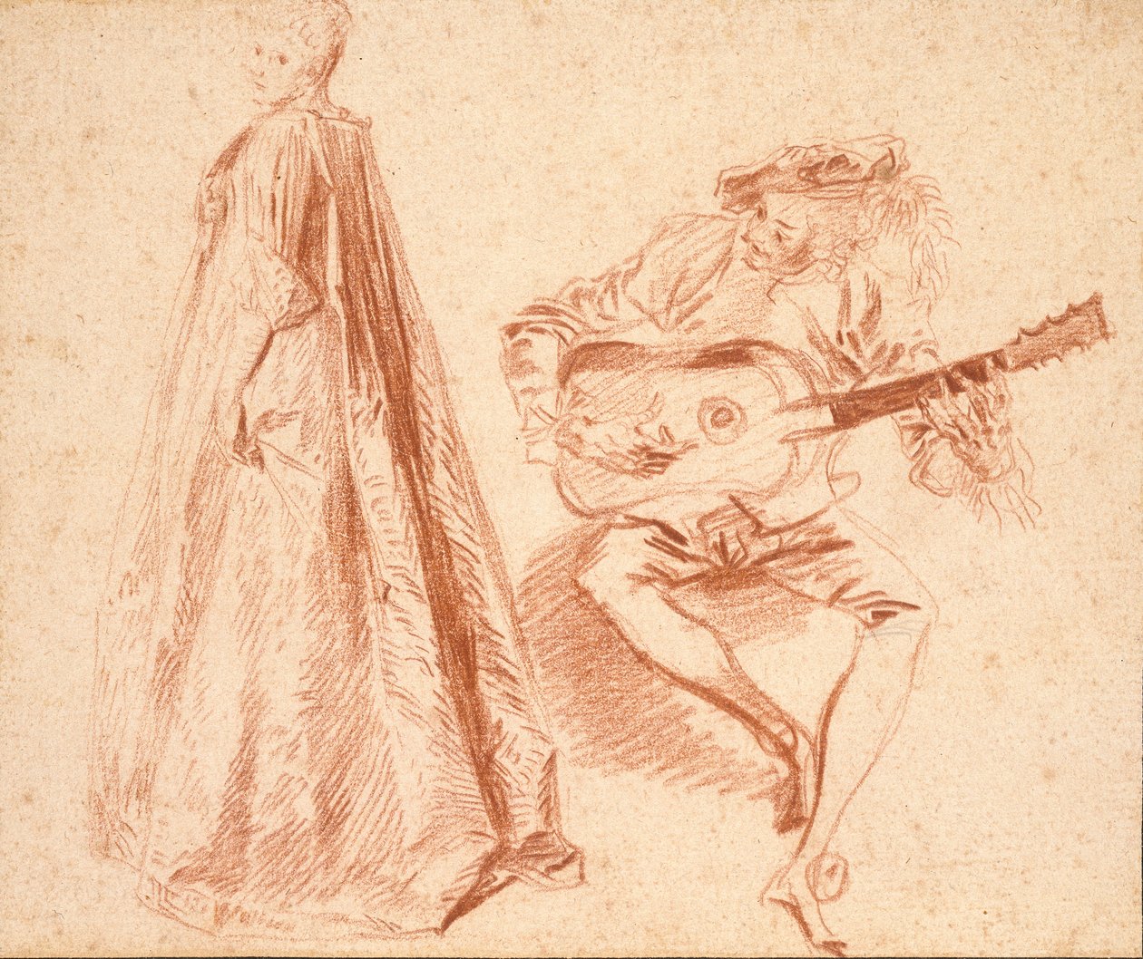 Pige, der står i profil til venstre, med en mand, der spiller q guitar, begyndelsen af det 18. århundrede af Jean Antoine Watteau