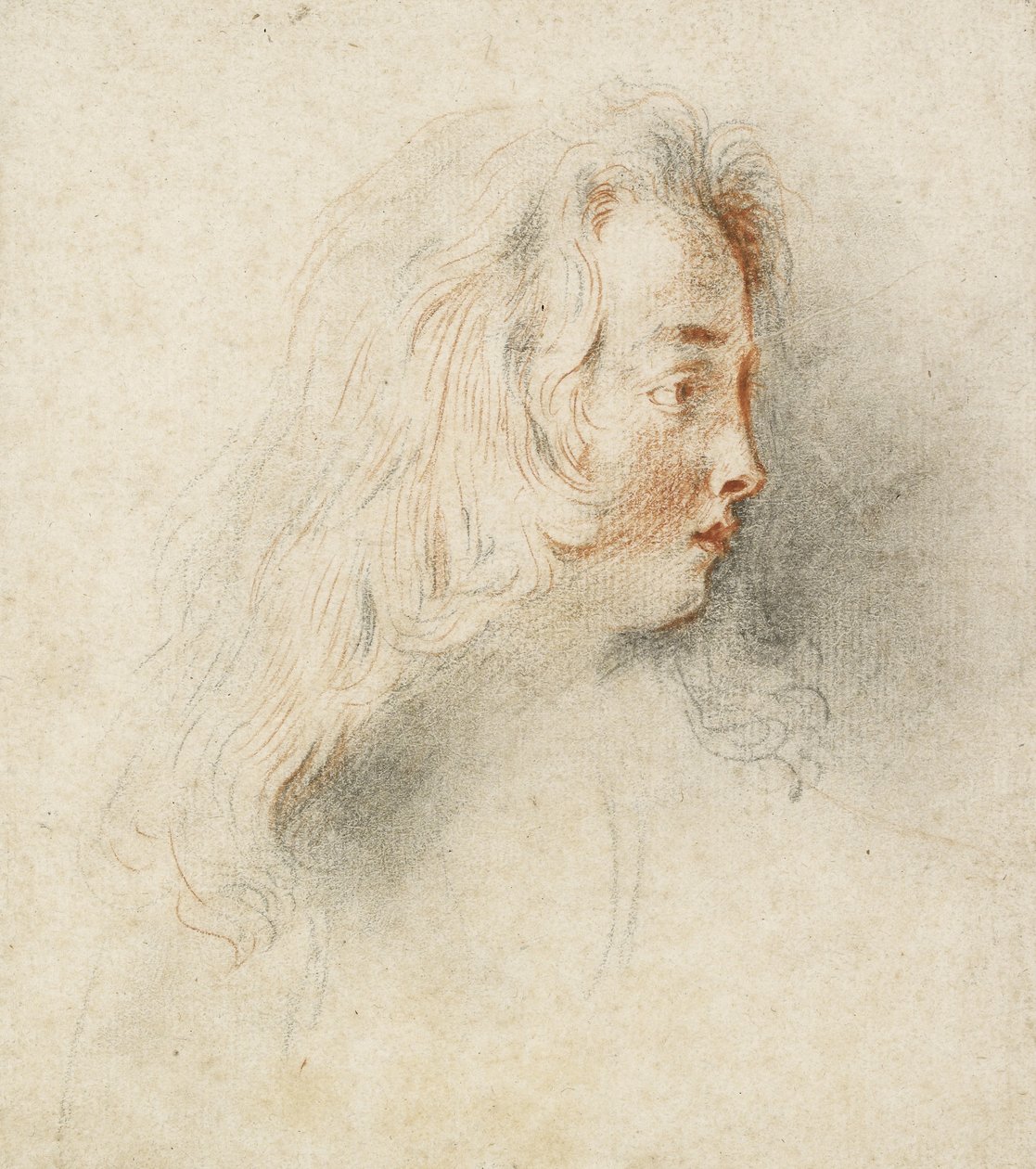 Hoved af en dreng i profil (sort og rødt kridt på plettet råhvidt papir) af Jean Antoine Watteau