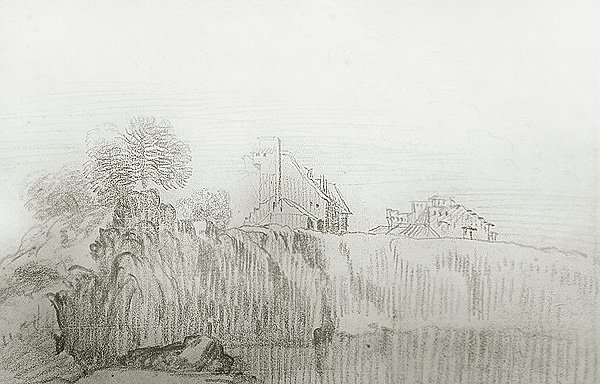 Hus på kanten af en stejl klippe (rødt kridt på papir) af Jean Antoine Watteau