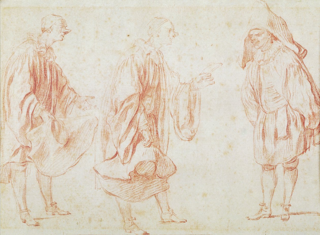 Italienske skuespillere (rødt kridt på papir) af Jean Antoine Watteau