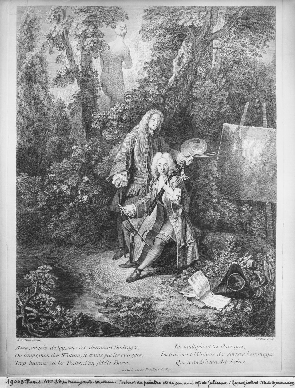 Jean Antoine Watteau og hans ven Monsieur de Julienne, graveret af Nicolas Henri Tardieu (1674-1749) af Jean Antoine Watteau
