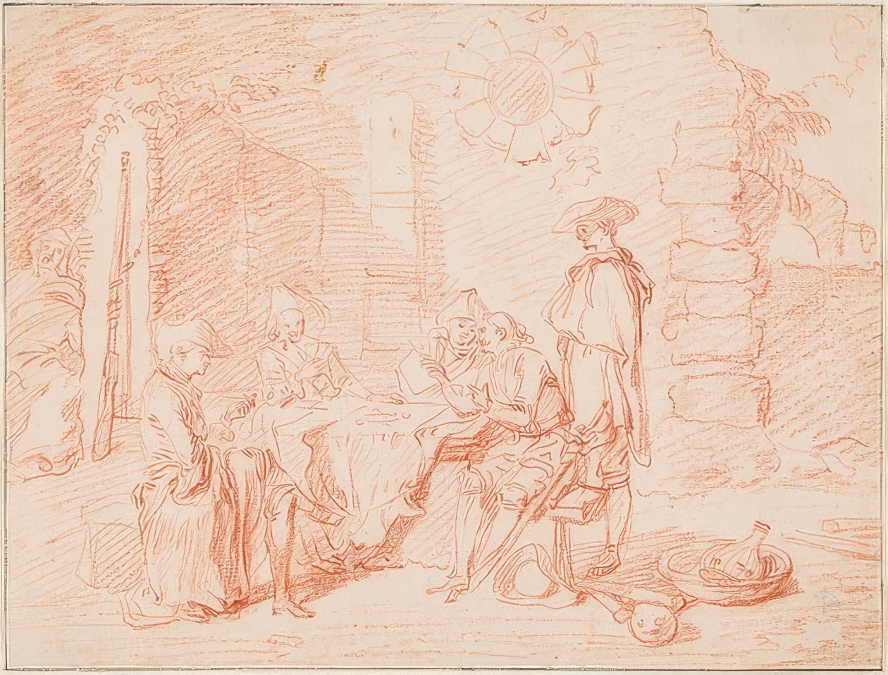 Soldater, der spiller kort foran en mur. 1709/10 af Jean Antoine Watteau