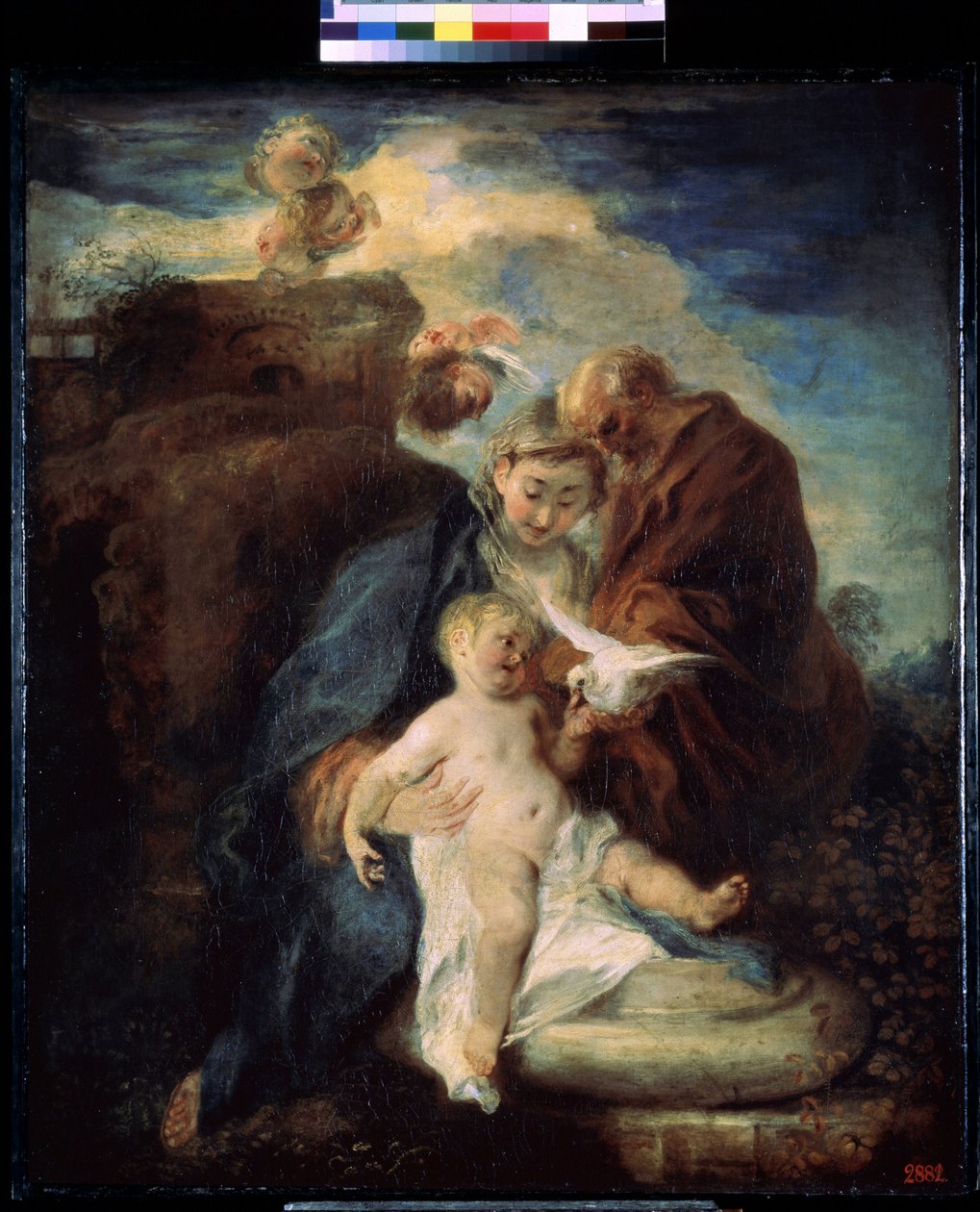 Den hellige familie, hvil på flugten til Egypten. Maleri af Jean Antoine Watteau (1684-1721). Olie på lærred af Jean Antoine Watteau