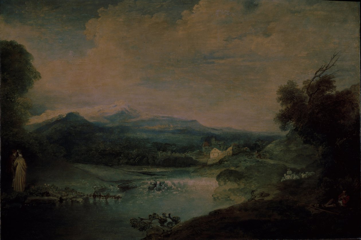 Landskab med vandfald, ca 1714 af Jean Antoine Watteau