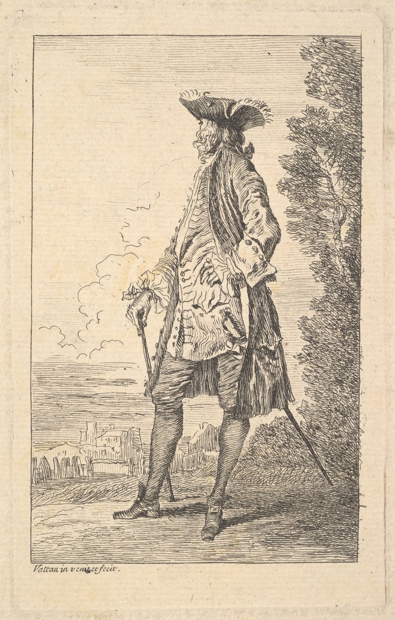 Mand, der går og bærer en stok i højre hånd, vist i trekvart billede med h..., ca. 1710. af Jean Antoine Watteau