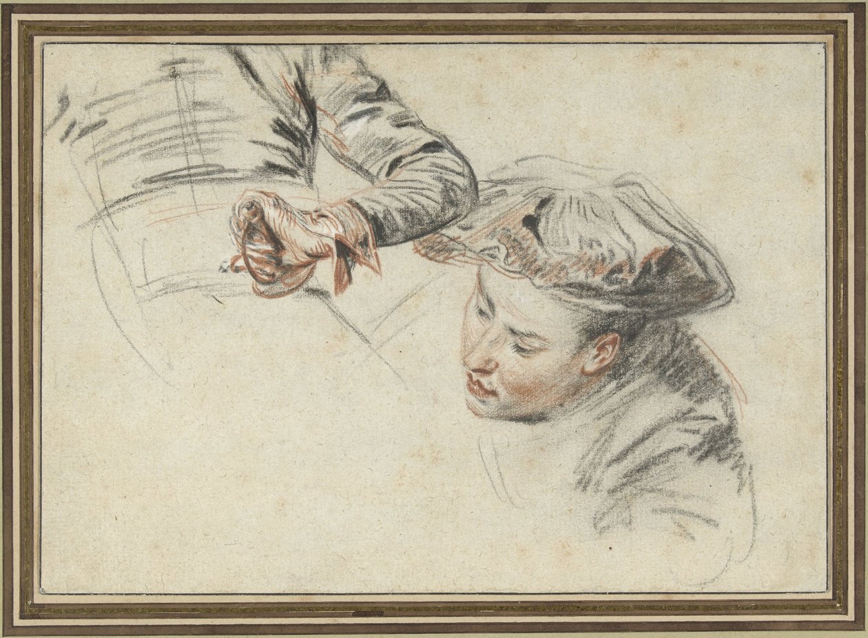 Mandshoved med baret og en hånd på et fæste af Jean Antoine Watteau