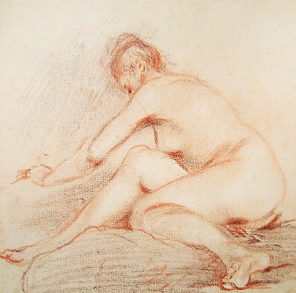 Nøgen kvinde (kul & rødt kridt på papir) af Jean Antoine Watteau