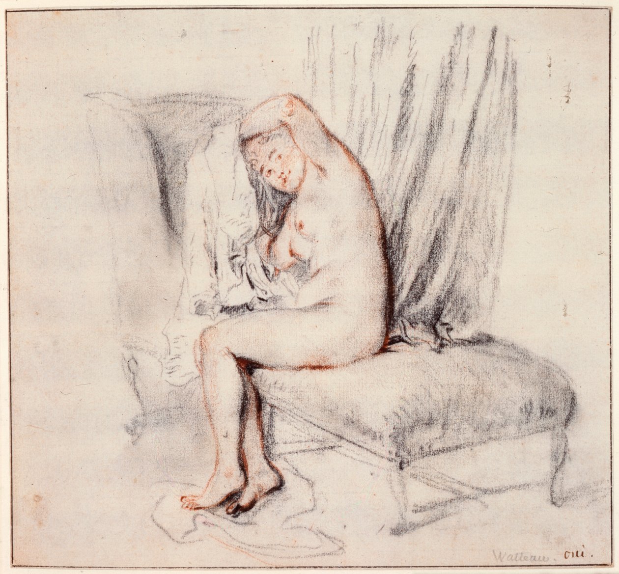 Nøgen kvinde sidder på en chaiselong og tager sin skjorte på, 1700-tallet. af Jean Antoine Watteau