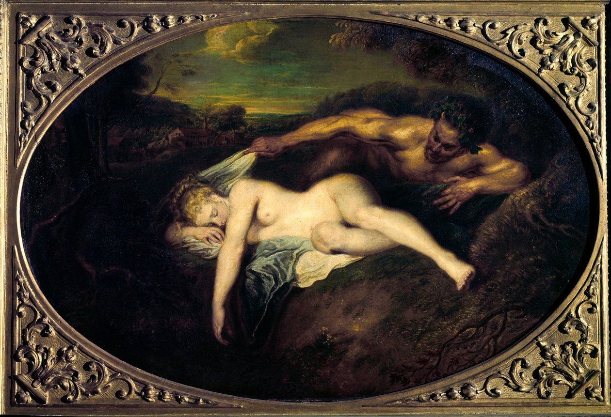 Nymfe og satyr eller "" Jupiter et Antiope"" Maleri af Jean Antoine Watteau (1684-1721) 1700-tallets søn. 0,73x1,07 m Paris, musee du Louvre af Jean Antoine Watteau