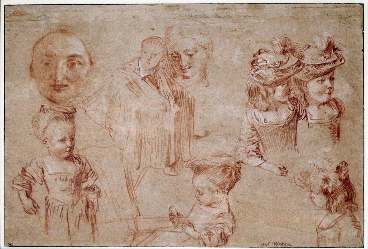Pjerrots maske, fem piger i buste, en mands drapering og en kvindes ansigt. Tegning af blod og kridt hække af Jean Antoine Watteau (1684-1721) 1700-tallet Sun. 0,27x0,4 m Paris, Musée du Louvre af Jean Antoine Watteau