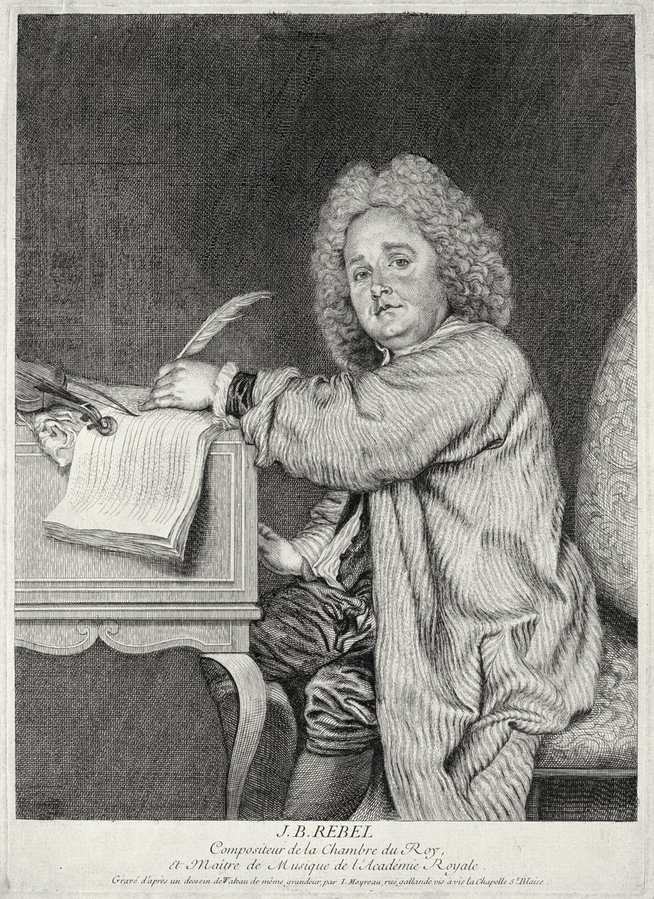 Portræt af Jean-Ferry Rebel (1666-1747) graveret af Moyreau af Jean Antoine Watteau