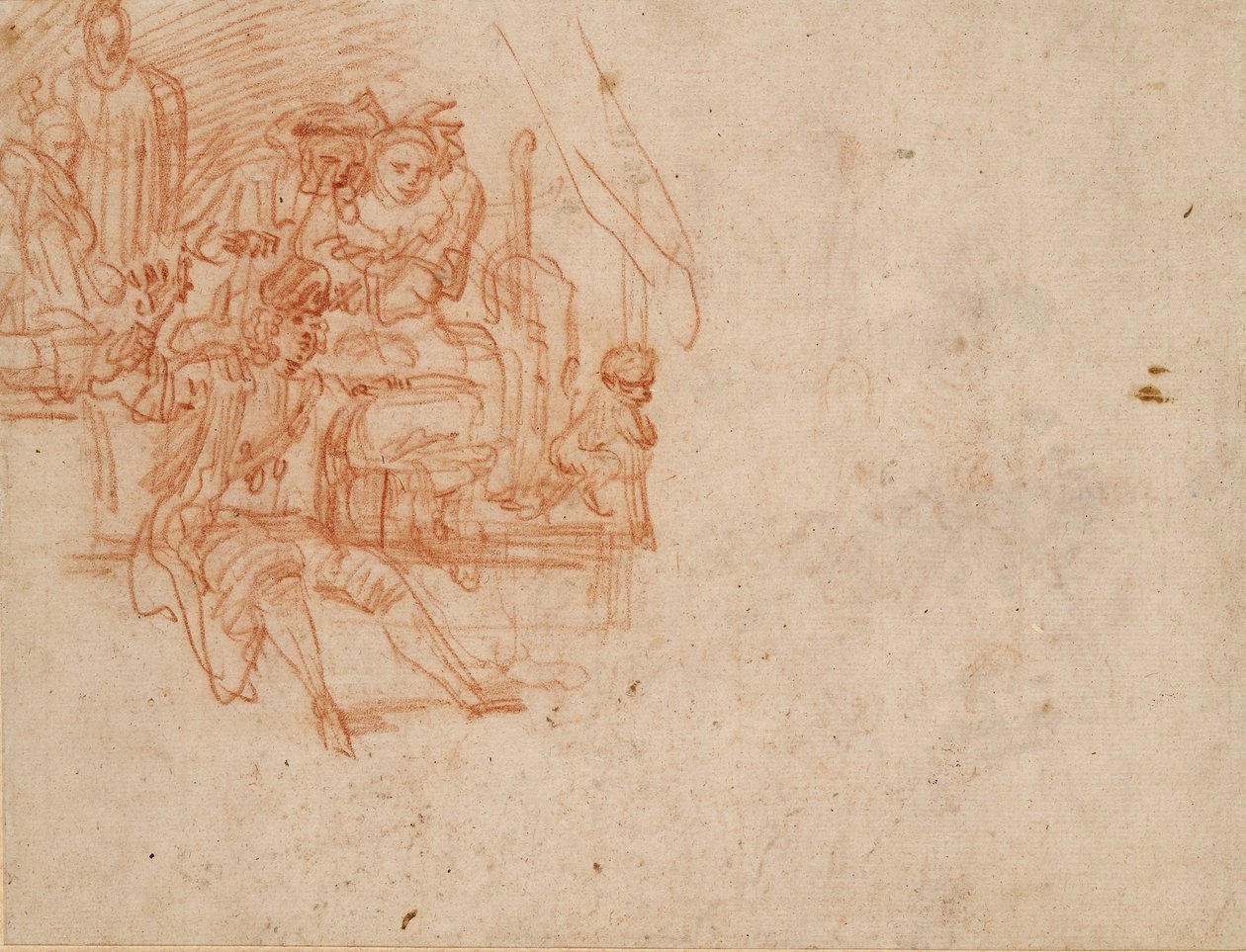 Quack Doctor sad på scenen og solgte varer med fire figurer og en abe, c1700-1720. af Jean Antoine Watteau
