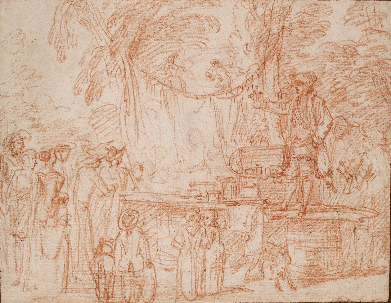 Quack Doctor sælger sine varer i det fri, c1700-1720 af Jean Antoine Watteau