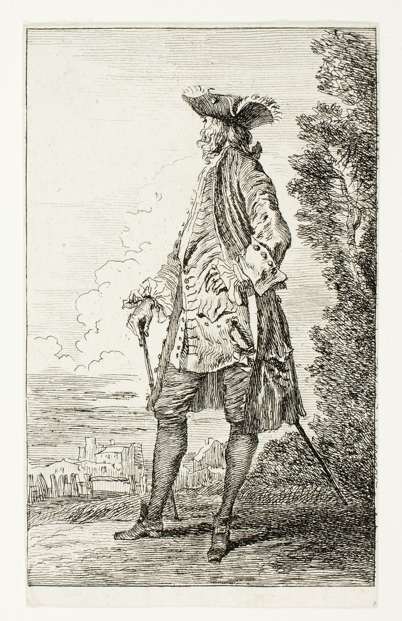 Stående mand med hat, vendt mod venstre, fra Figures de Modes af Jean Antoine Watteau