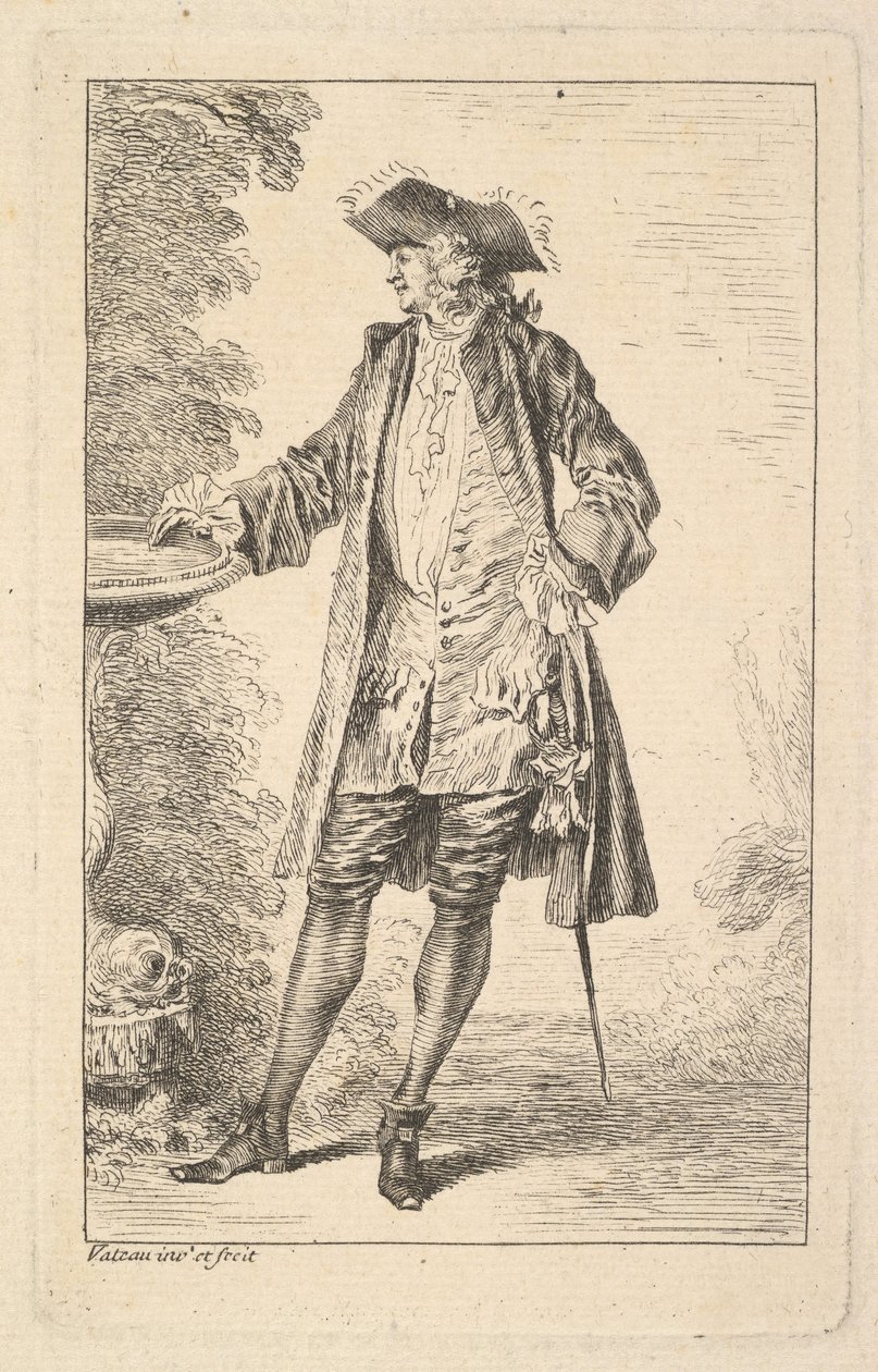 Stående mand med højre hånd hvilende på et bassin, vist i trekvart billede med..., ca. 1710. af Jean Antoine Watteau