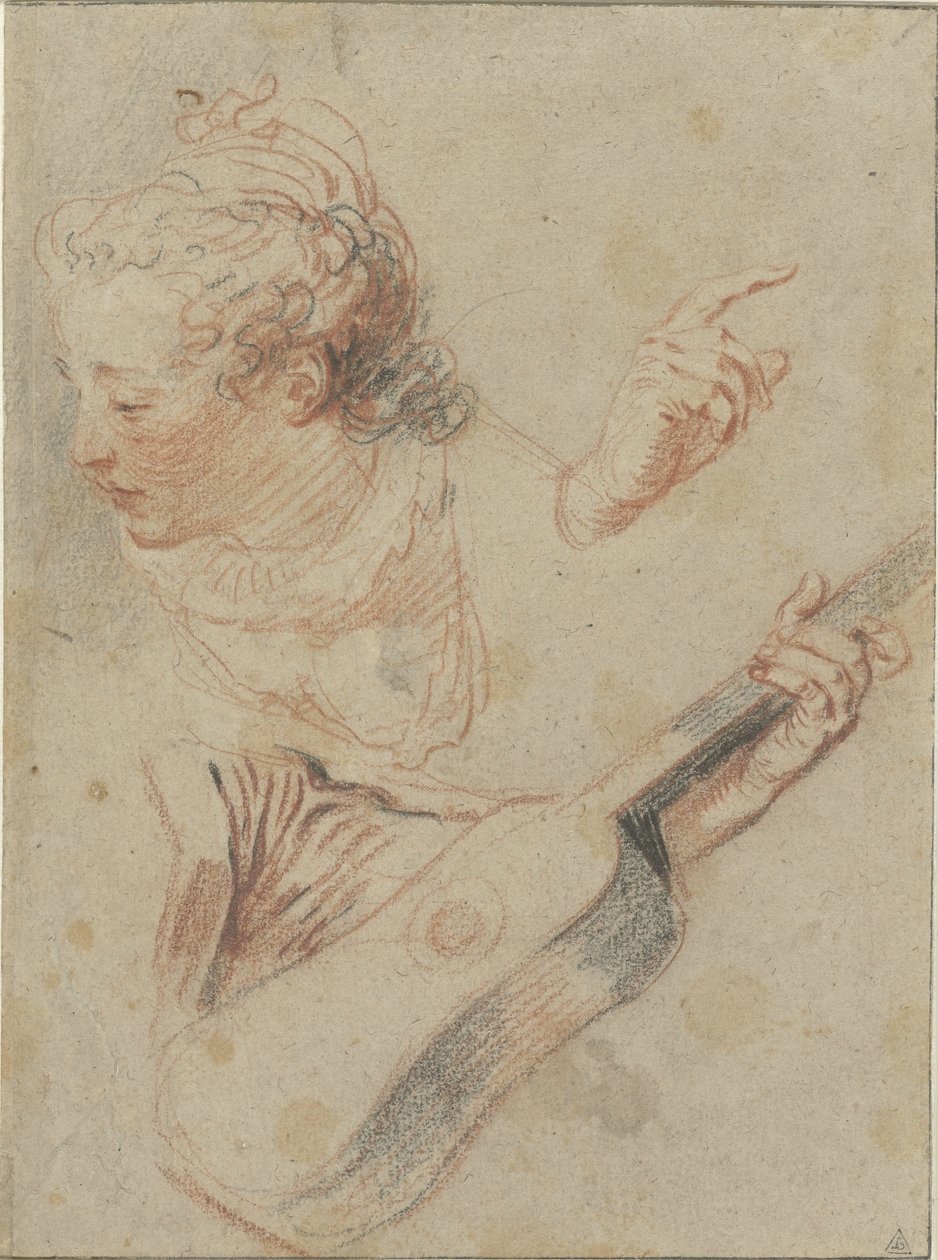 Studieark med et nedslået pigehoved, en guitar og de hænder, der spiller dem af Jean Antoine Watteau