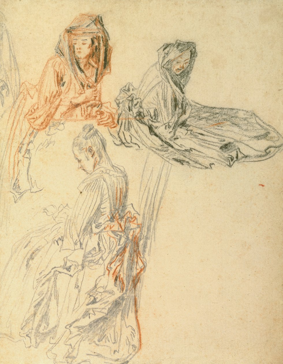 Studier af tre siddende kvinder, ca. 1716-18 (kridt på papir) af Jean Antoine Watteau