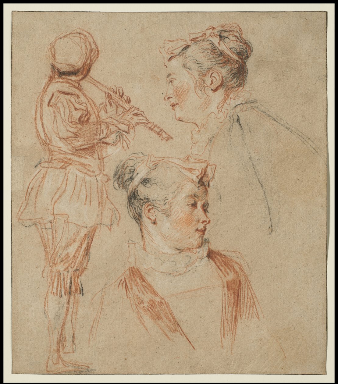 Studier af en fløjtenist og to kvinder, ca. 1717 af Jean Antoine Watteau