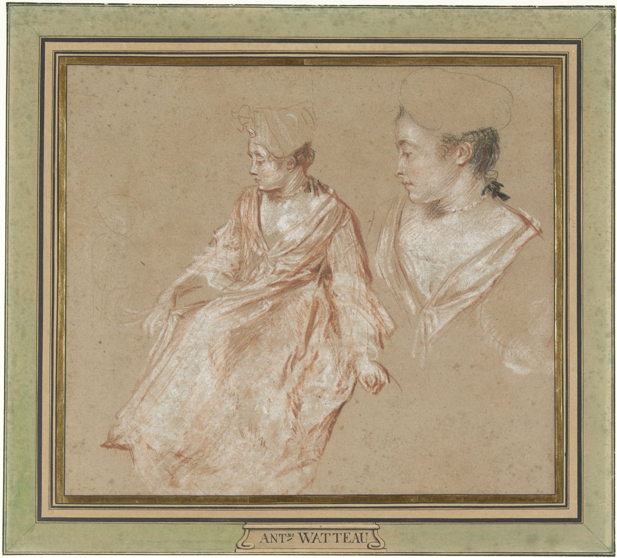 Studier af en siddende kvinde og en detalje af hendes hoved og skuldre af Jean Antoine Watteau