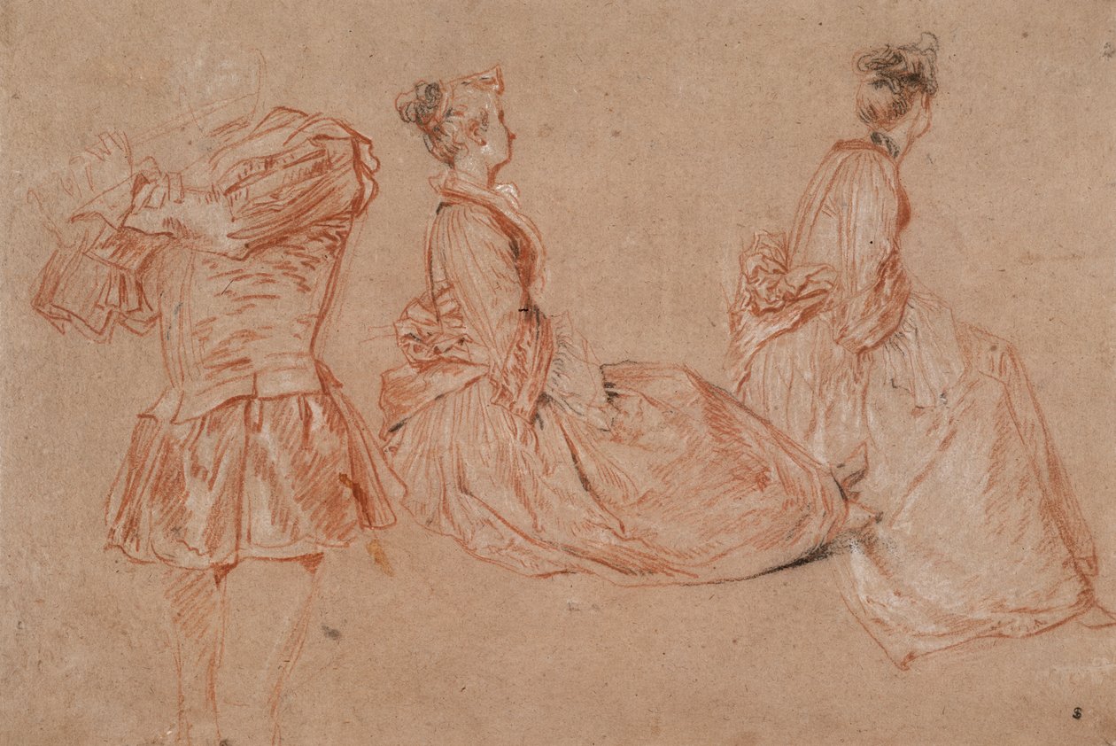 Studier af en fløjtespiller og to kvinder, 1717 af Jean Antoine Watteau