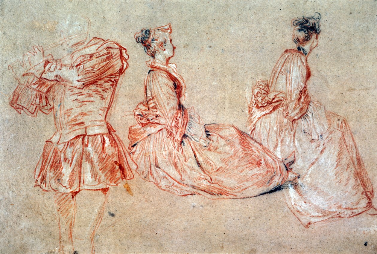 Studie af en fløjtespiller og to kvinder af Jean Antoine Watteau